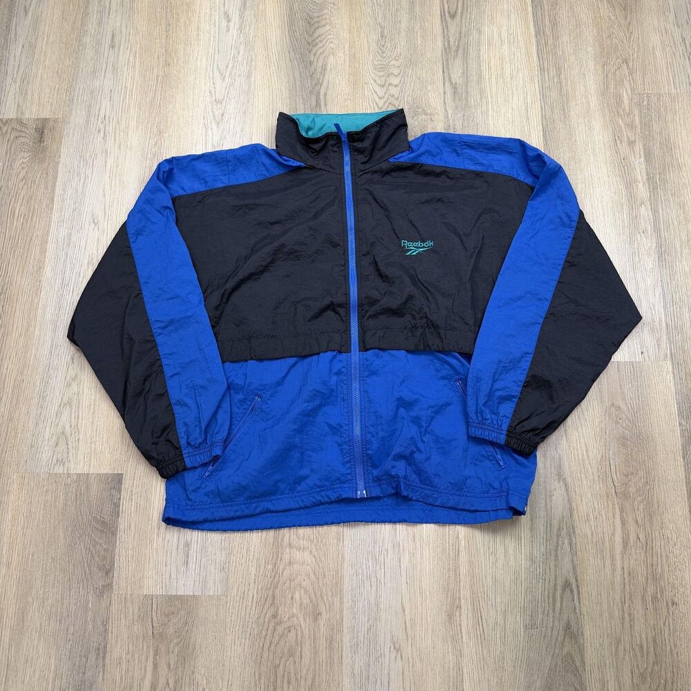 Vintage Reebok Jacket Mens Large Blue Black Windbreaker Hooded Colorblock 90s